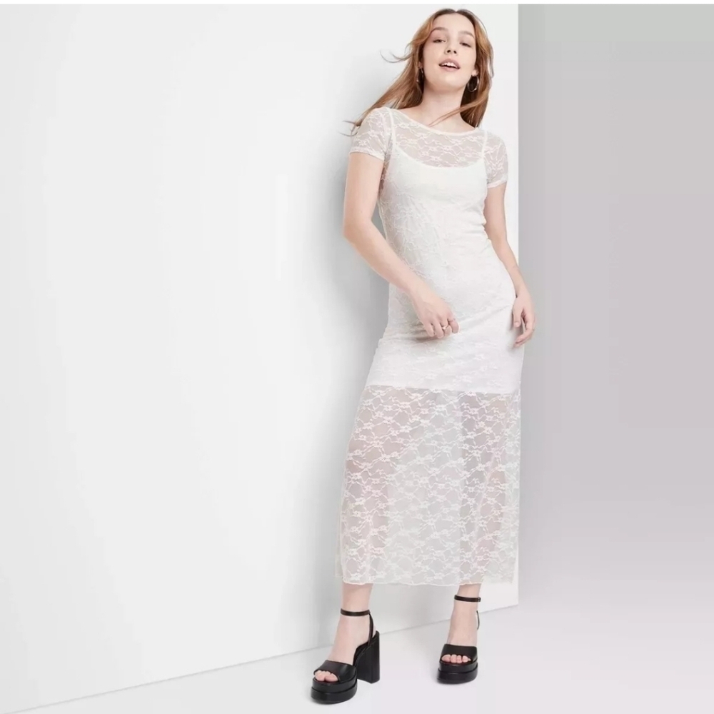 Wild Fable Women's Short Sleeve Maxi Dress, White Lace